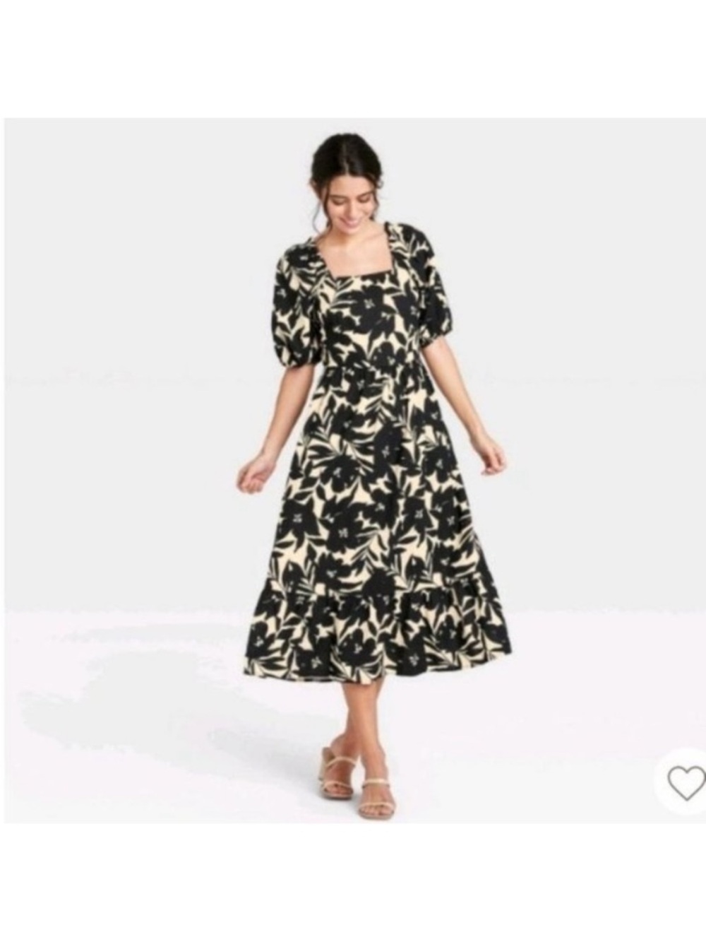 Who What Wear Black and Cream Botanical Square-Neck Midi Dress